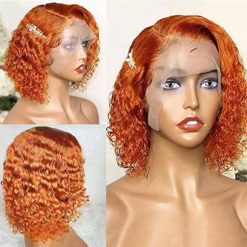 A woman with orange hair is wearing a wig