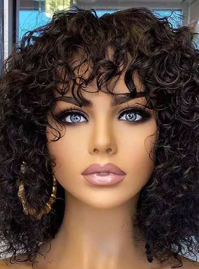 A mannequin with curly hair and blue eyes.