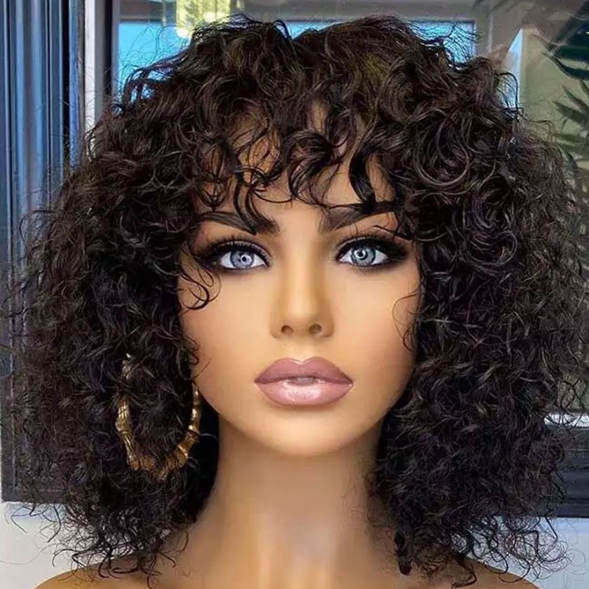 A mannequin with curly hair and blue eyes.