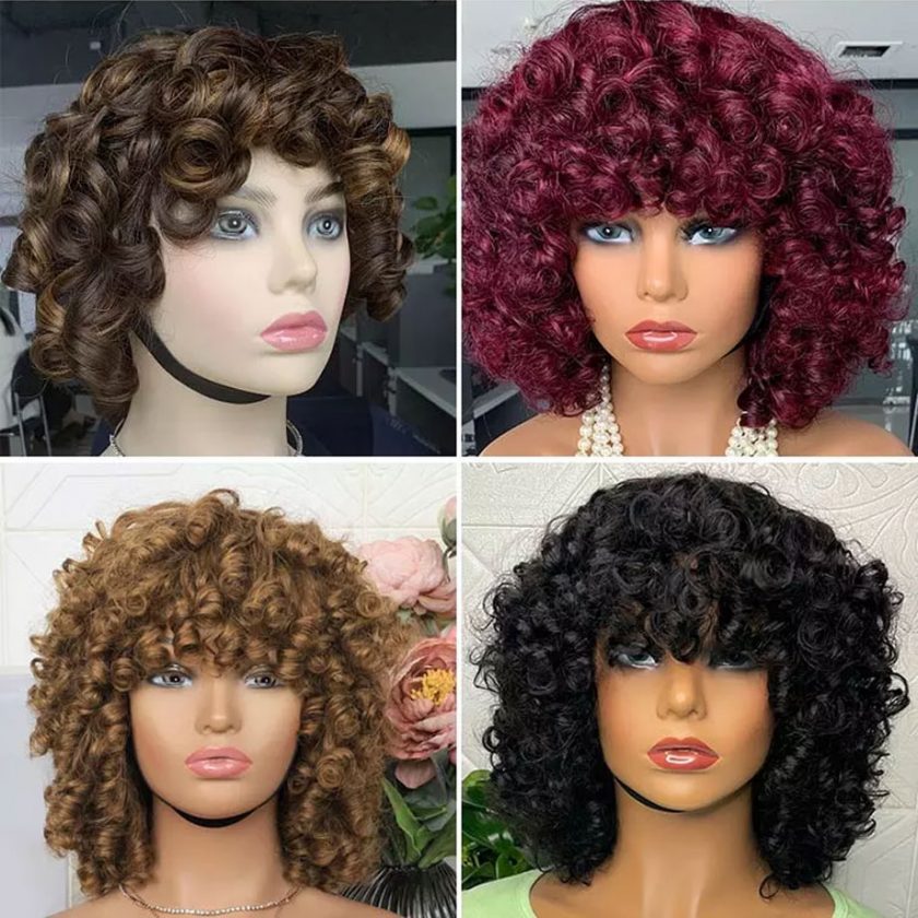 A bunch of different colored wigs are on display