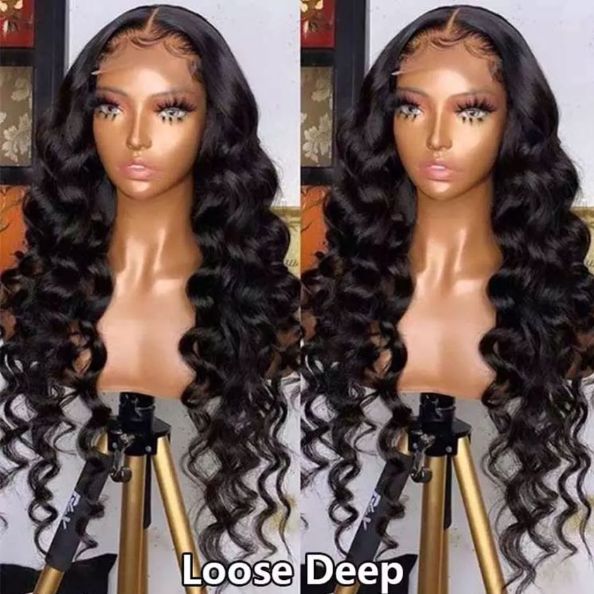 A woman with long hair is wearing loose deep wig.